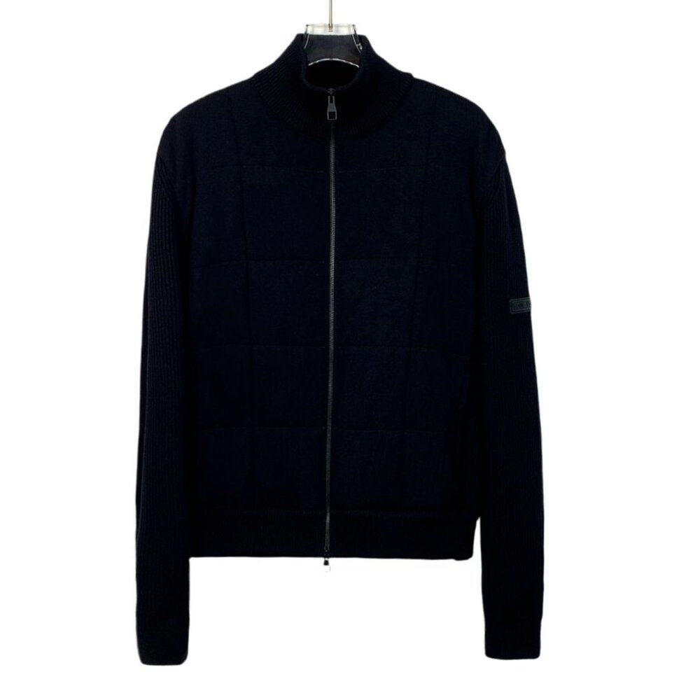 Louis Vuitton Black Wool & Silk Checkered Knit Zip-Up Jacket Size M